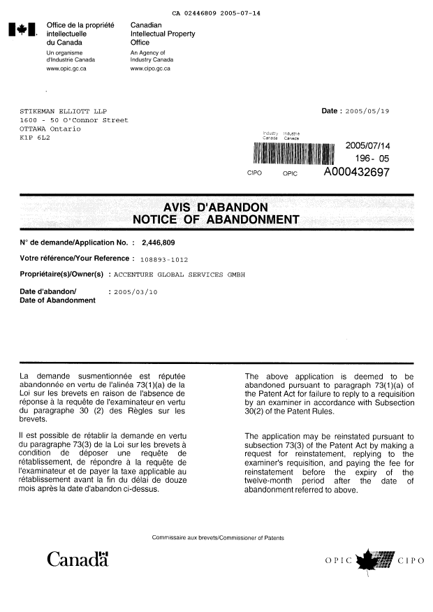 Canadian Patent Document 2446809. Prosecution-Amendment 20050714. Image 3 of 4