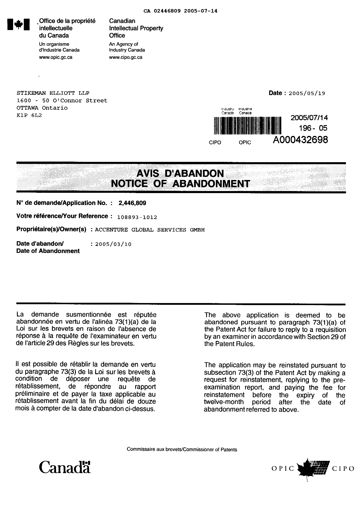 Canadian Patent Document 2446809. Prosecution-Amendment 20050714. Image 4 of 4