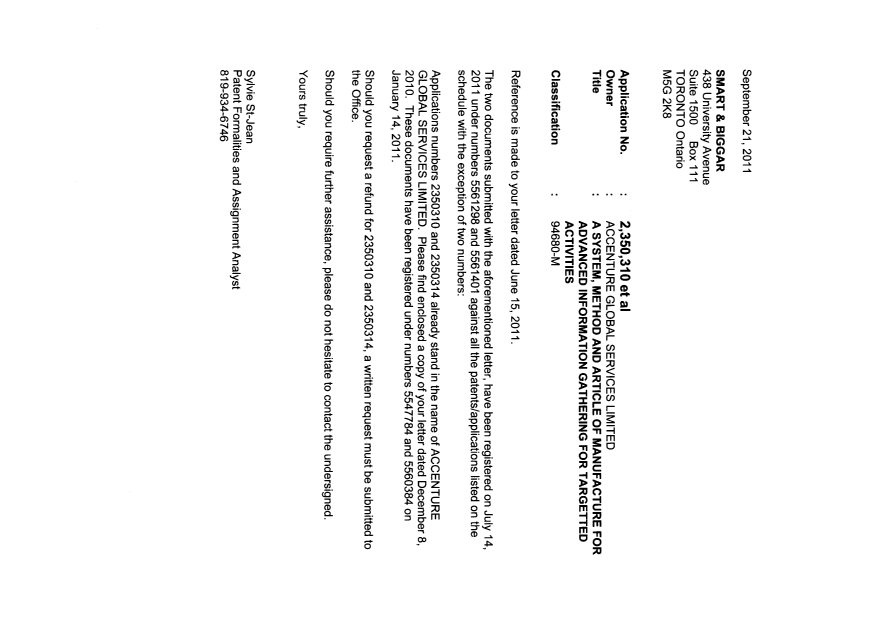 Document de brevet canadien 2446809. Correspondance 20110921. Image 1 de 9