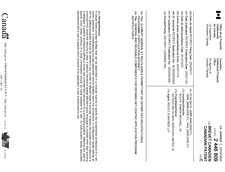 Document de brevet canadien 2446809. Page couverture 20120927. Image 1 de 1