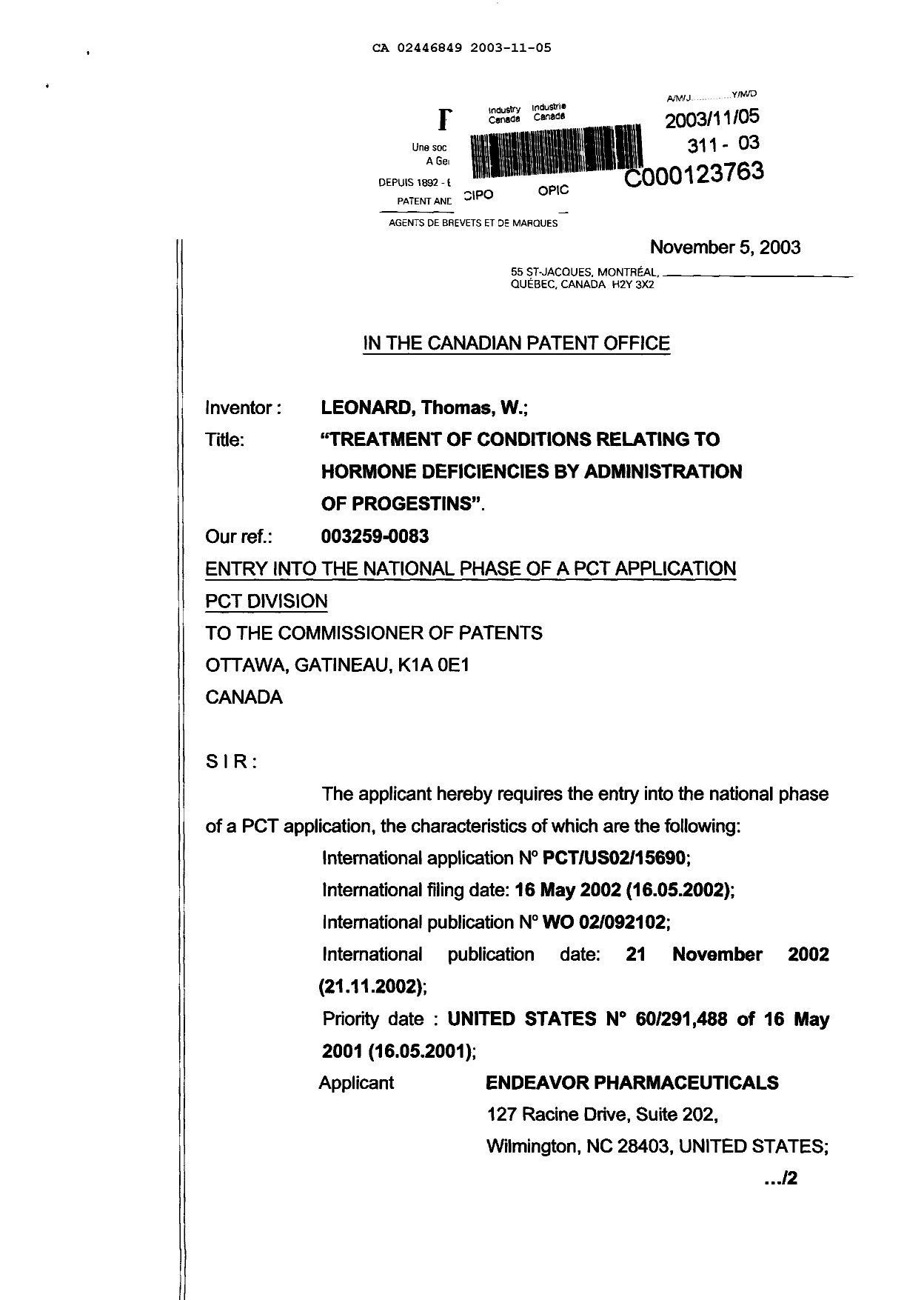 Document de brevet canadien 2446849. Cession 20031105. Image 1 de 5