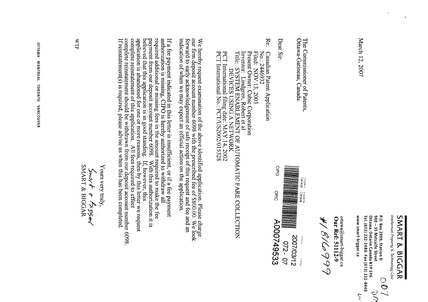 Document de brevet canadien 2446932. Poursuite-Amendment 20070312. Image 1 de 1