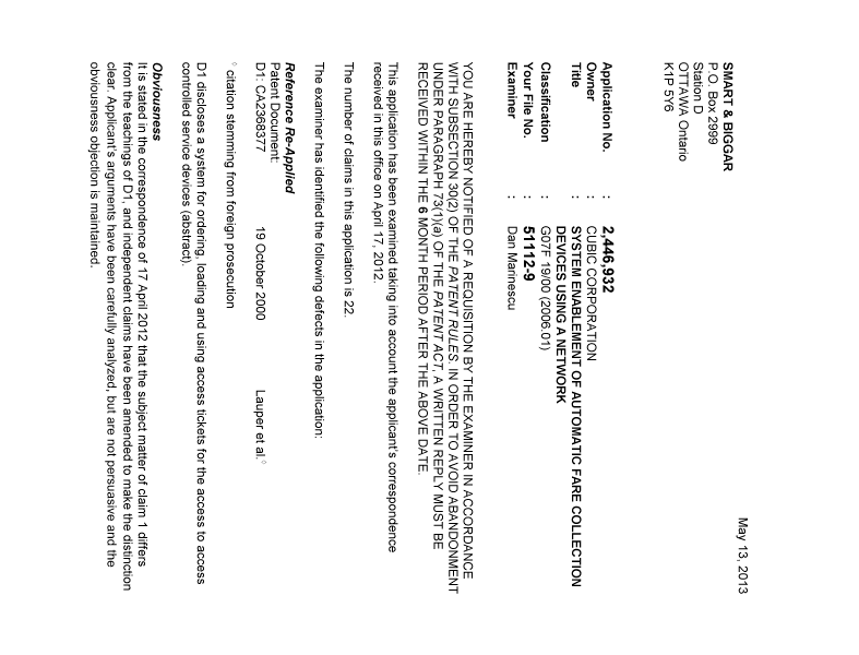 Document de brevet canadien 2446932. Poursuite-Amendment 20130513. Image 1 de 4
