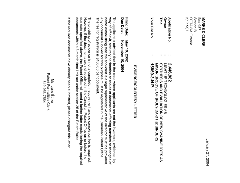 Document de brevet canadien 2446982. Correspondance 20040120. Image 1 de 1