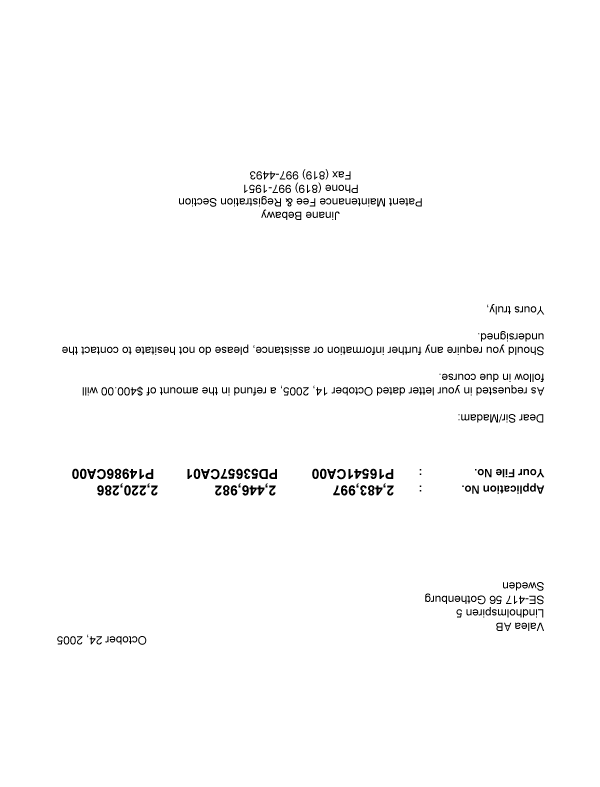 Canadian Patent Document 2446982. Correspondence 20051024. Image 1 of 1