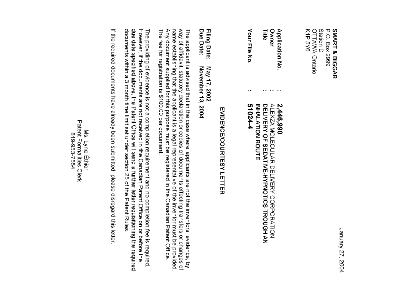 Document de brevet canadien 2446990. Correspondance 20040120. Image 1 de 1