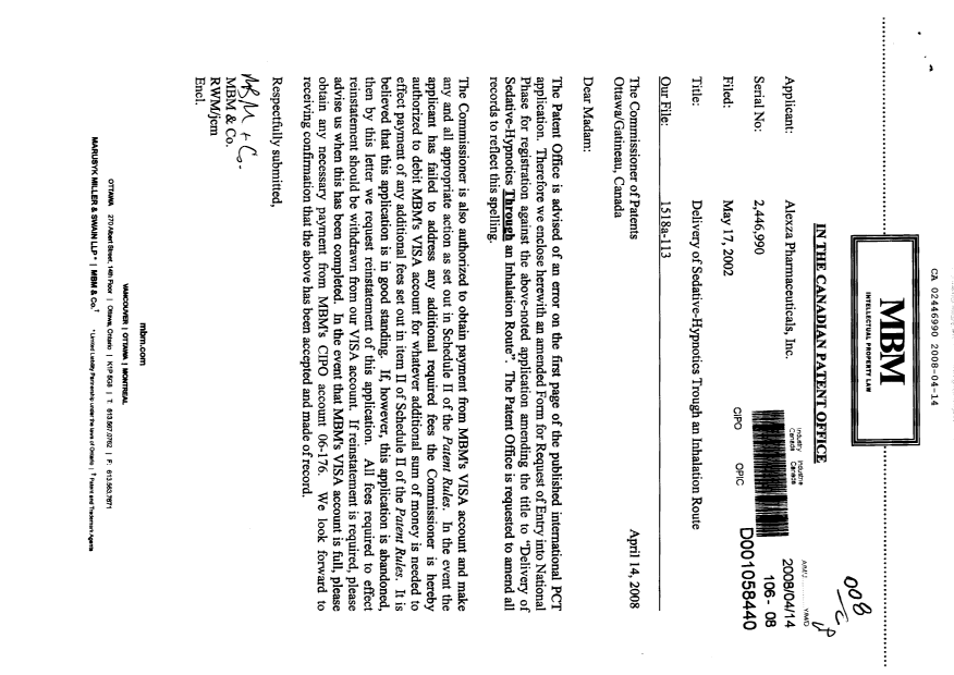 Canadian Patent Document 2446990. Prosecution-Amendment 20080414. Image 1 of 3