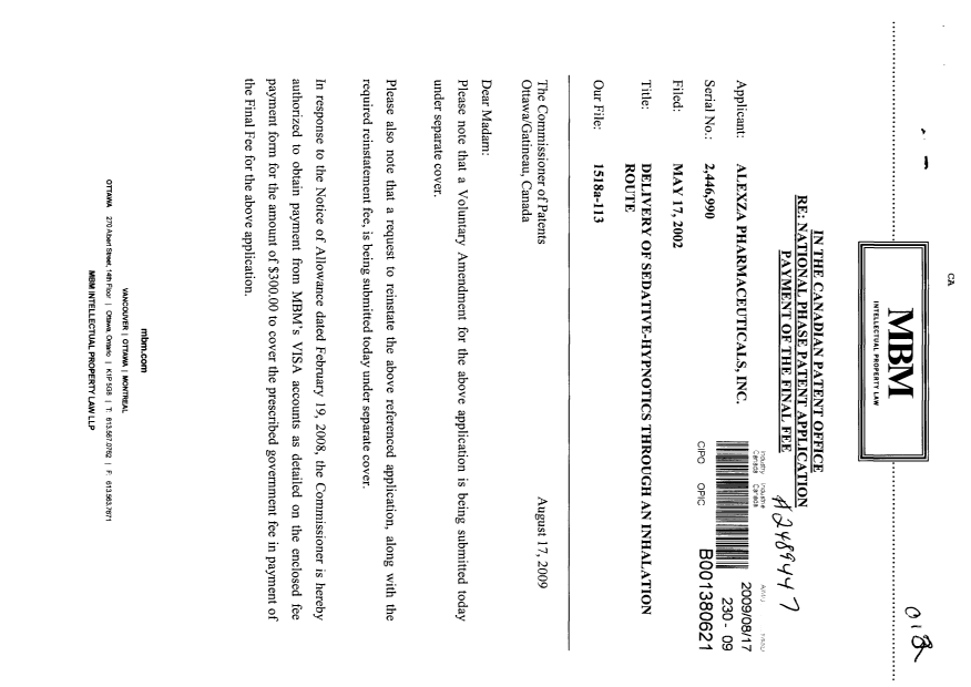 Document de brevet canadien 2446990. Correspondance 20090817. Image 1 de 2