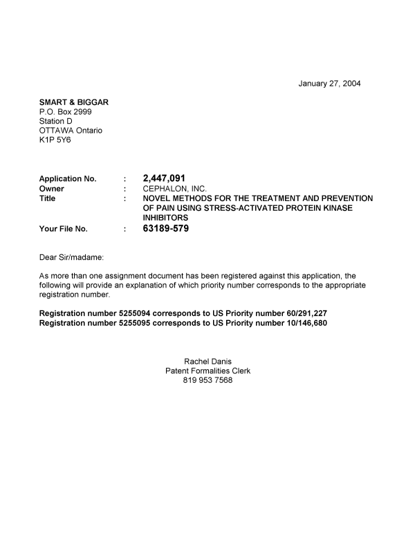 Canadian Patent Document 2447091. Correspondence 20040120. Image 1 of 1