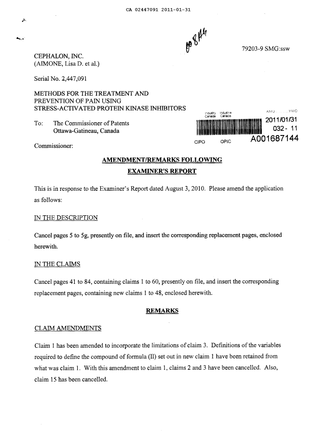 Document de brevet canadien 2447091. Poursuite-Amendment 20110131. Image 1 de 33