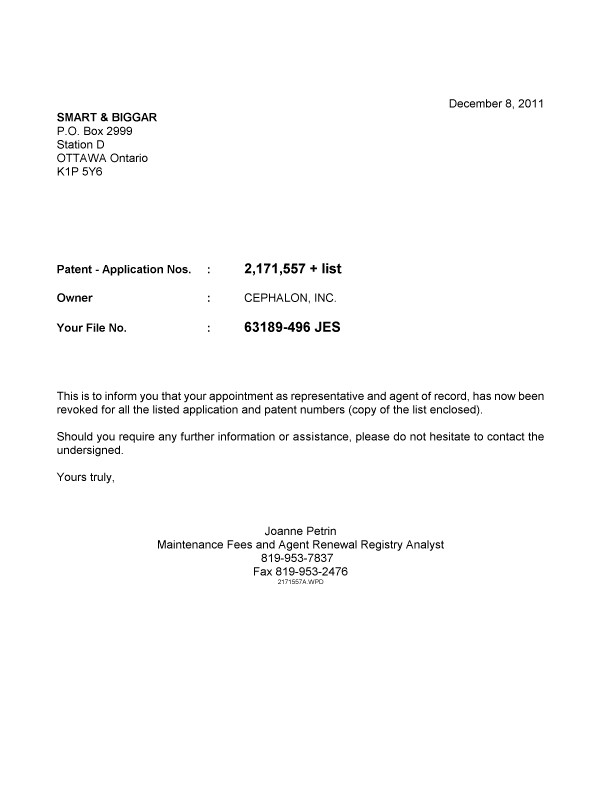 Document de brevet canadien 2447091. Correspondance 20111208. Image 1 de 1