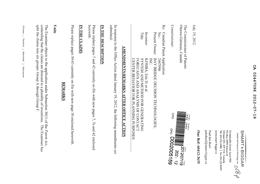 Document de brevet canadien 2447096. Poursuite-Amendment 20120719. Image 1 de 7