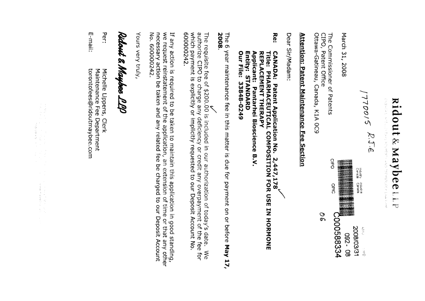 Document de brevet canadien 2447178. Taxes 20080331. Image 1 de 1