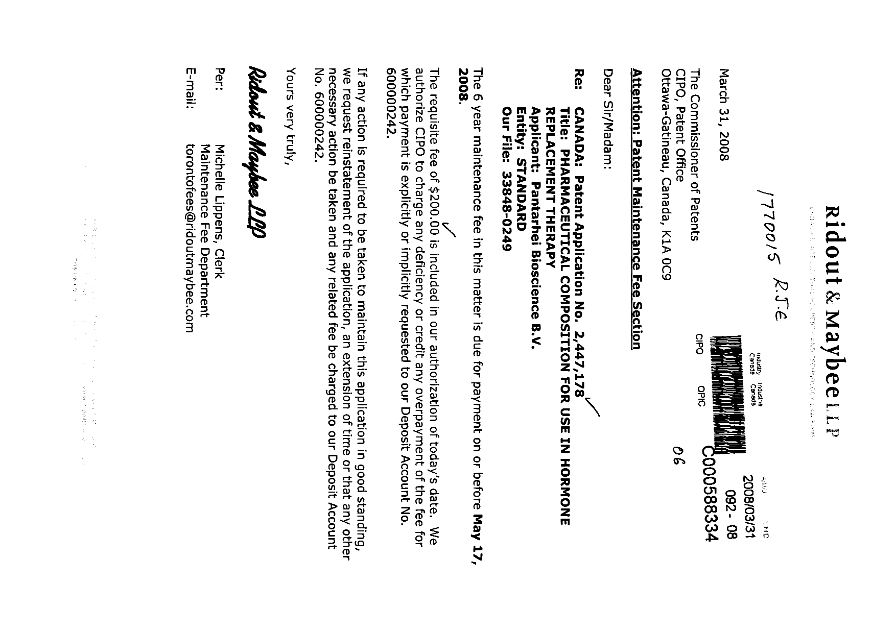 Canadian Patent Document 2447178. Fees 20080331. Image 1 of 1