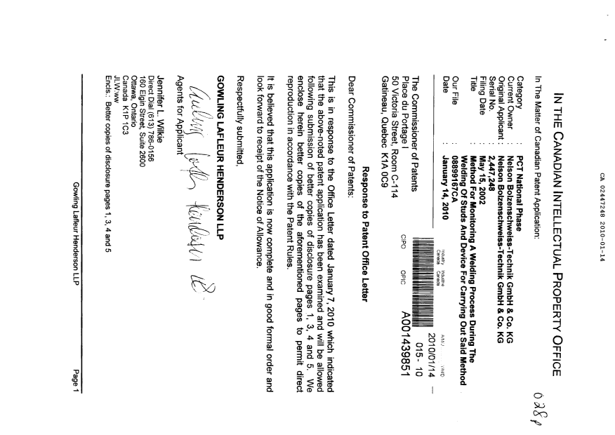 Document de brevet canadien 2447248. Correspondance 20100114. Image 1 de 5