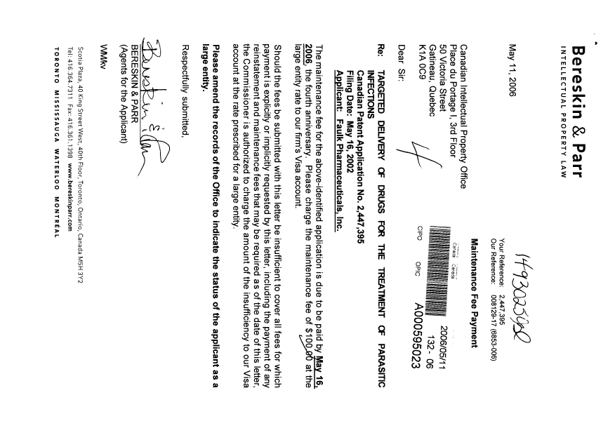 Document de brevet canadien 2447395. Taxes 20060511. Image 1 de 1