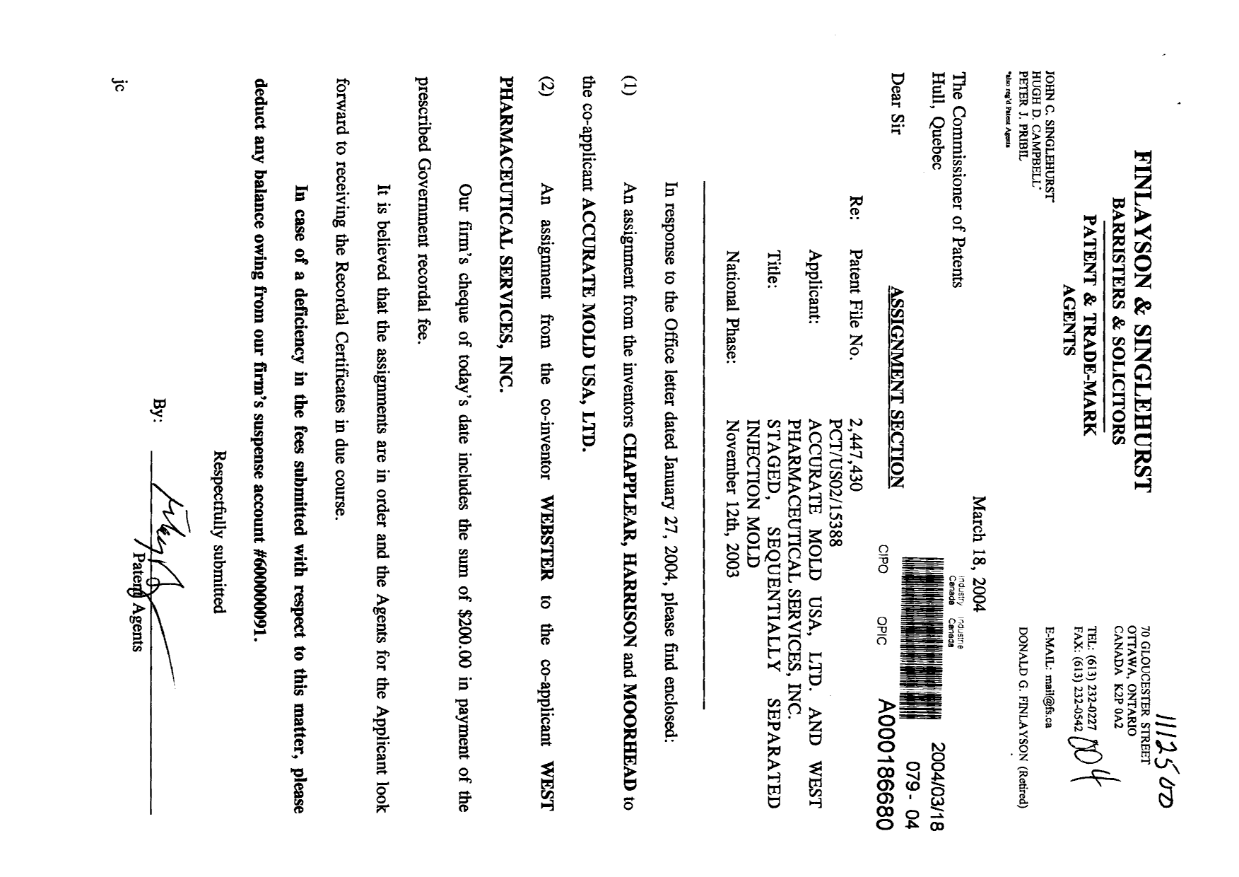 Document de brevet canadien 2447430. Cession 20040318. Image 1 de 9