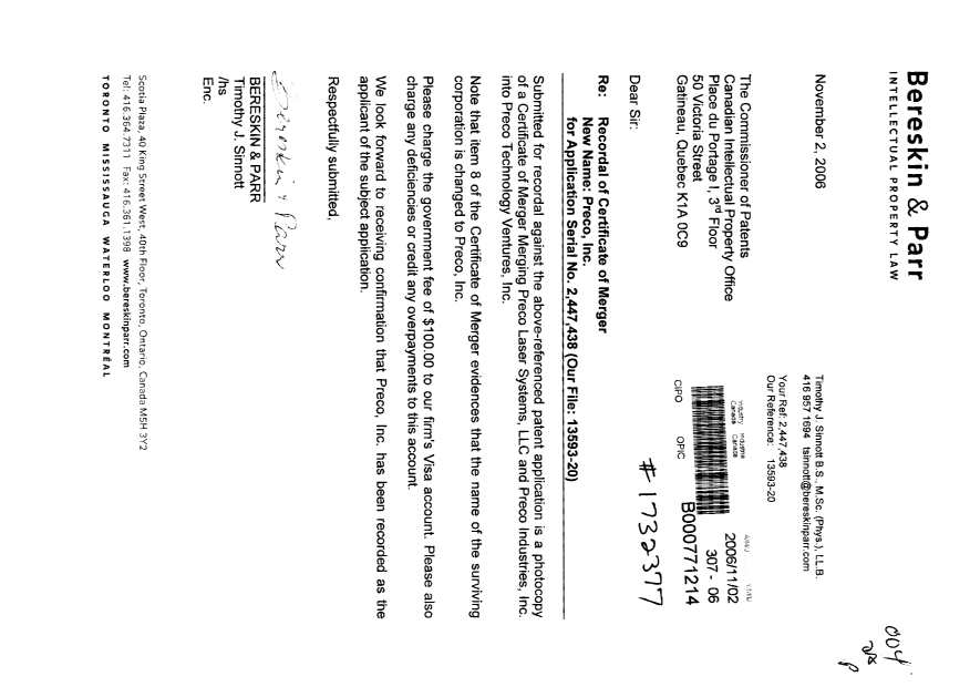 Document de brevet canadien 2447438. Cession 20061102. Image 1 de 4