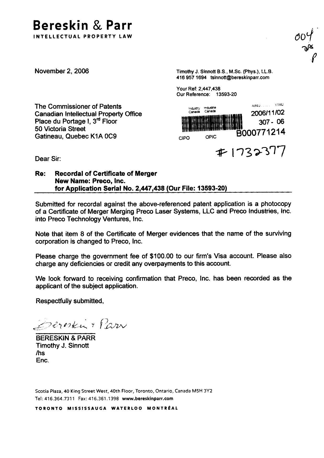Document de brevet canadien 2447438. Cession 20061102. Image 1 de 4