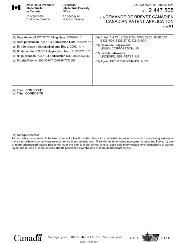 Document de brevet canadien 2447505. Page couverture 20040128. Image 1 de 1