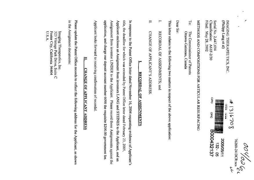 Document de brevet canadien 2447694. Correspondance 20050511. Image 1 de 2