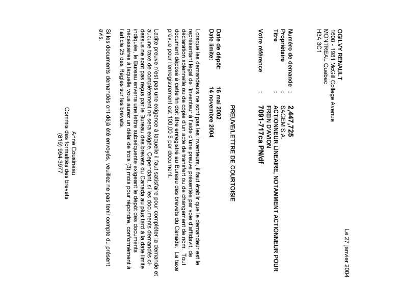 Document de brevet canadien 2447725. Correspondance 20040123. Image 1 de 1