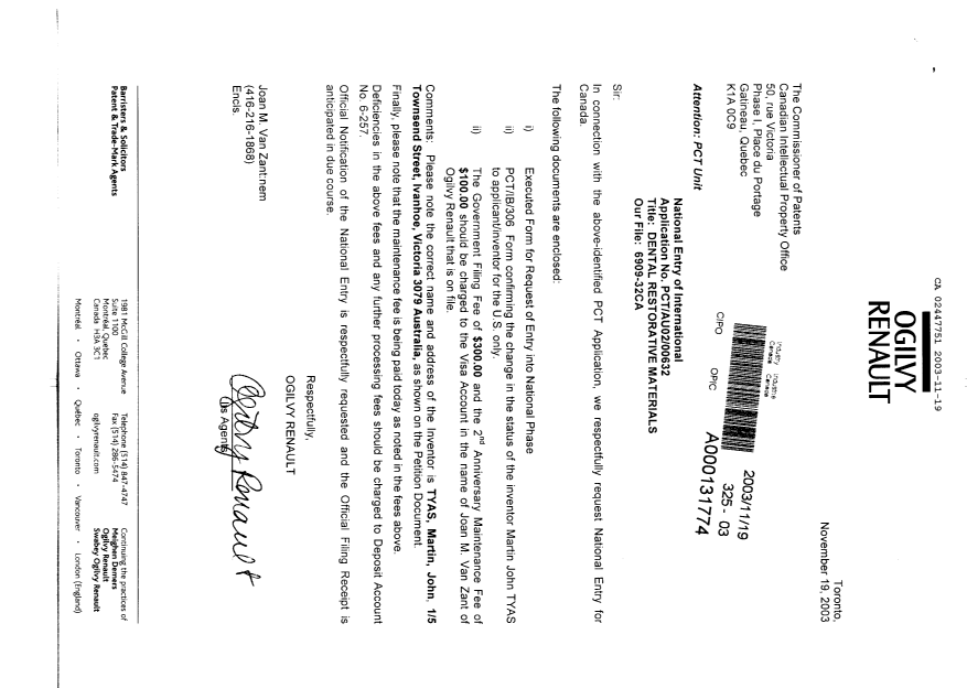Document de brevet canadien 2447751. Cession 20031119. Image 1 de 2