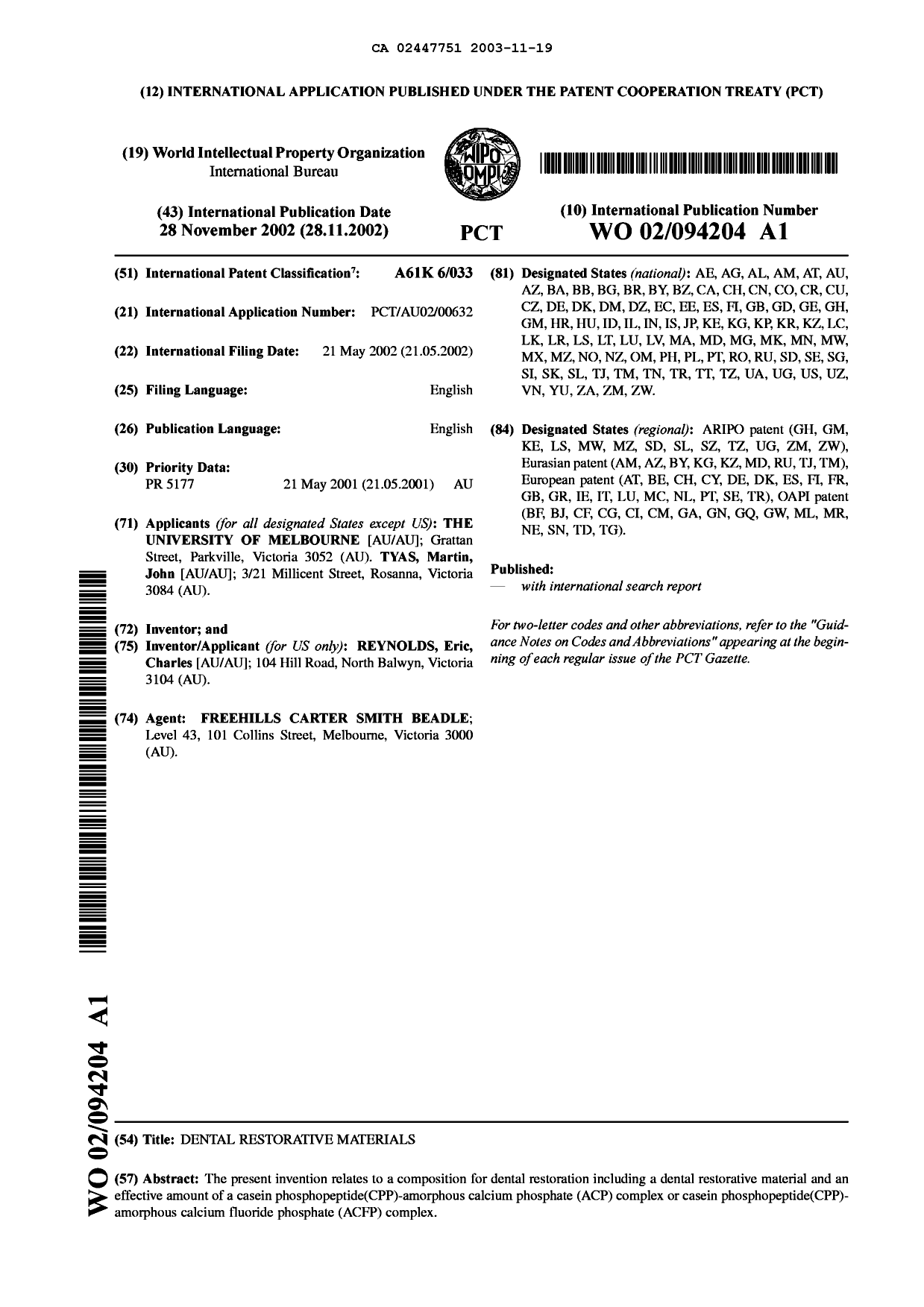 Document de brevet canadien 2447751. Abrégé 20031119. Image 1 de 1
