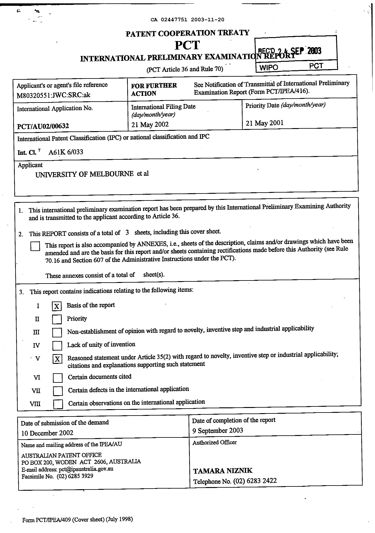 Document de brevet canadien 2447751. PCT 20031120. Image 1 de 3