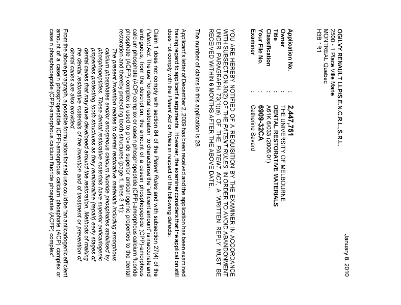 Document de brevet canadien 2447751. Poursuite-Amendment 20100108. Image 1 de 2