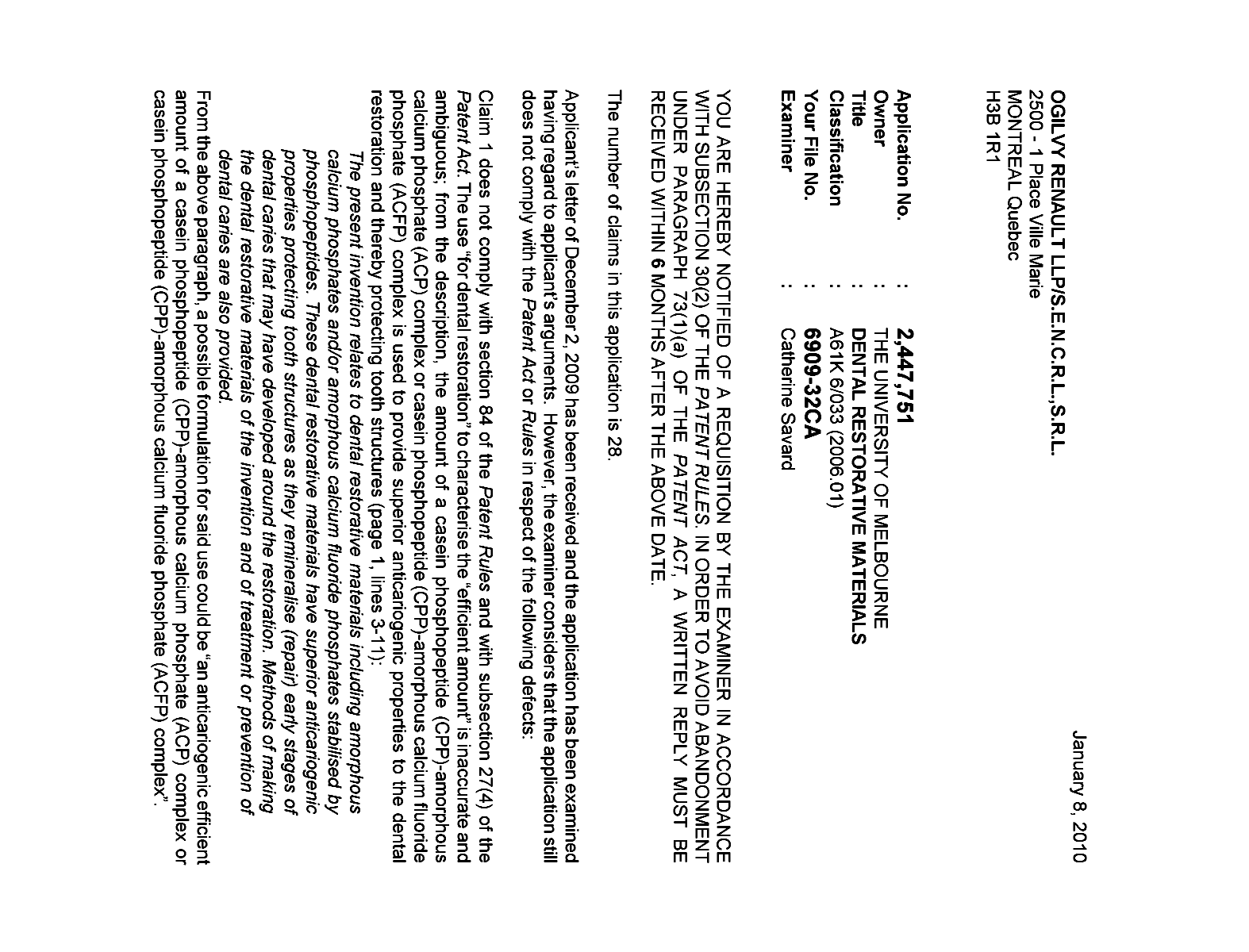 Canadian Patent Document 2447751. Prosecution-Amendment 20100108. Image 1 of 2