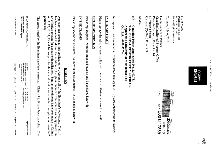 Document de brevet canadien 2447751. Poursuite-Amendment 20100706. Image 1 de 8