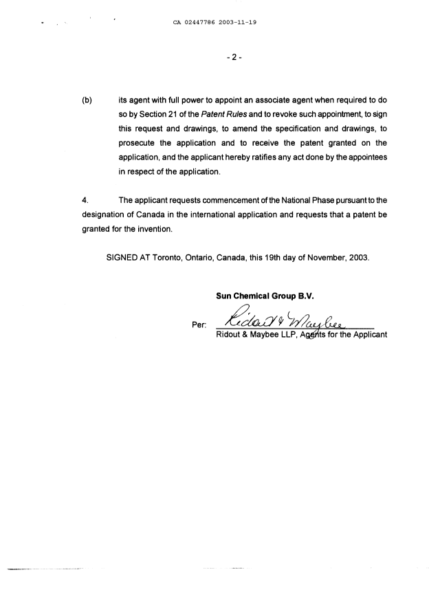 Document de brevet canadien 2447786. Cession 20031119. Image 3 de 3