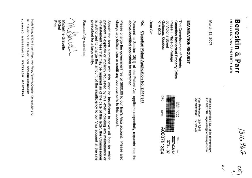 Document de brevet canadien 2447847. Poursuite-Amendment 20070313. Image 1 de 1
