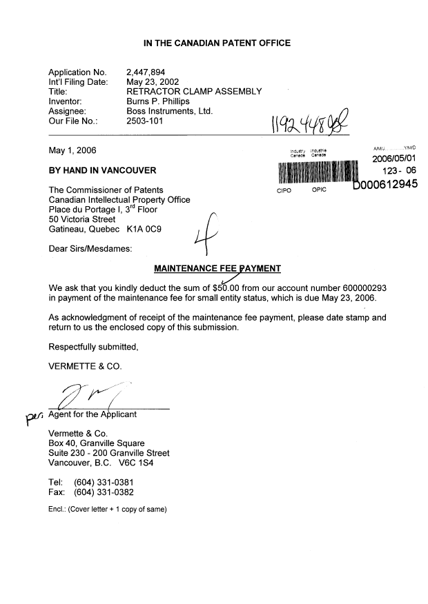 Document de brevet canadien 2447894. Taxes 20060501. Image 1 de 1