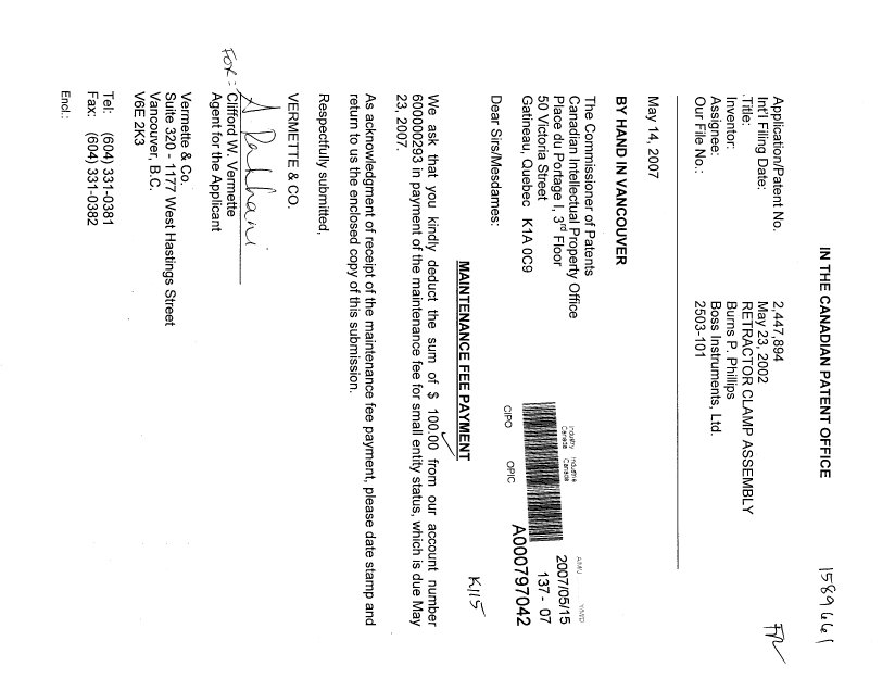Canadian Patent Document 2447894. Fees 20070515. Image 1 of 1