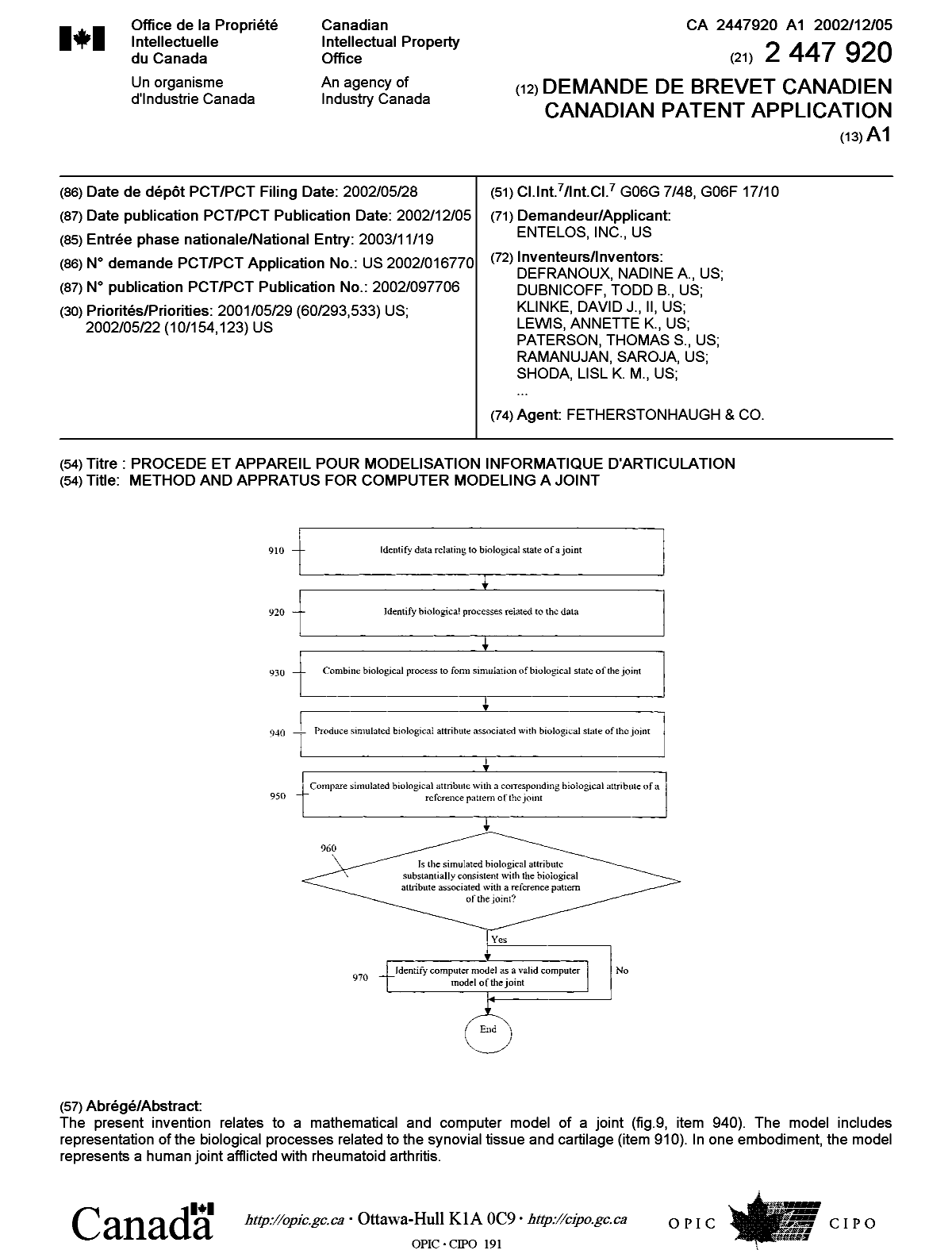 Document de brevet canadien 2447920. Page couverture 20040202. Image 1 de 2