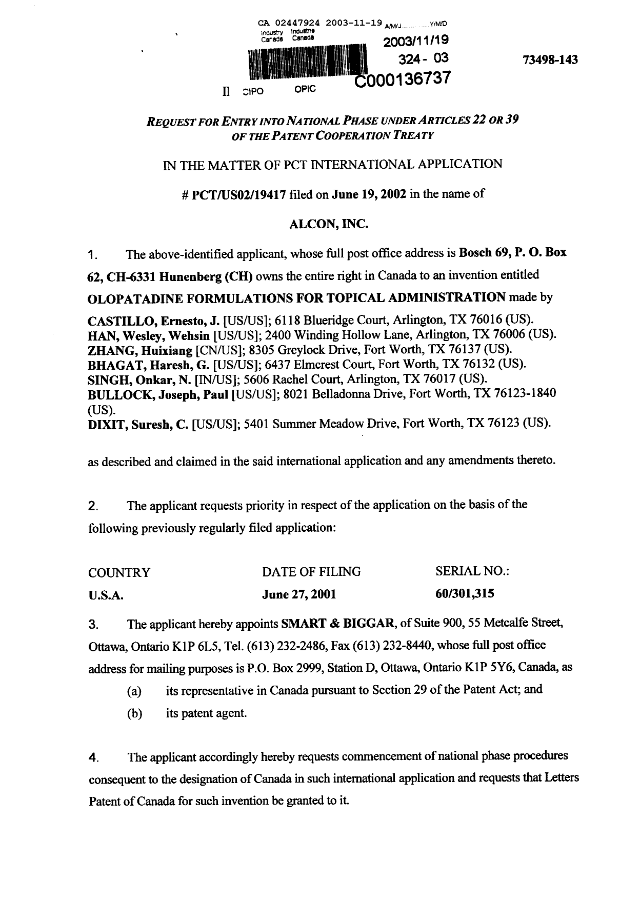 Document de brevet canadien 2447924. Cession 20021219. Image 2 de 11
