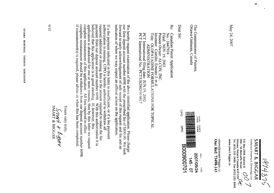 Document de brevet canadien 2447924. Poursuite-Amendment 20070524. Image 1 de 1