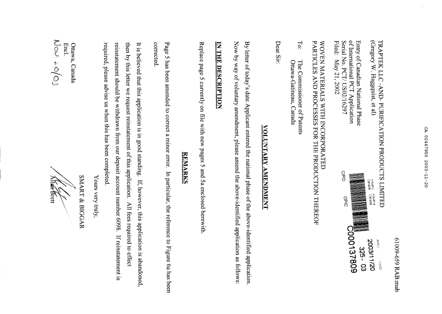 Canadian Patent Document 2447950. Prosecution-Amendment 20031120. Image 1 of 3