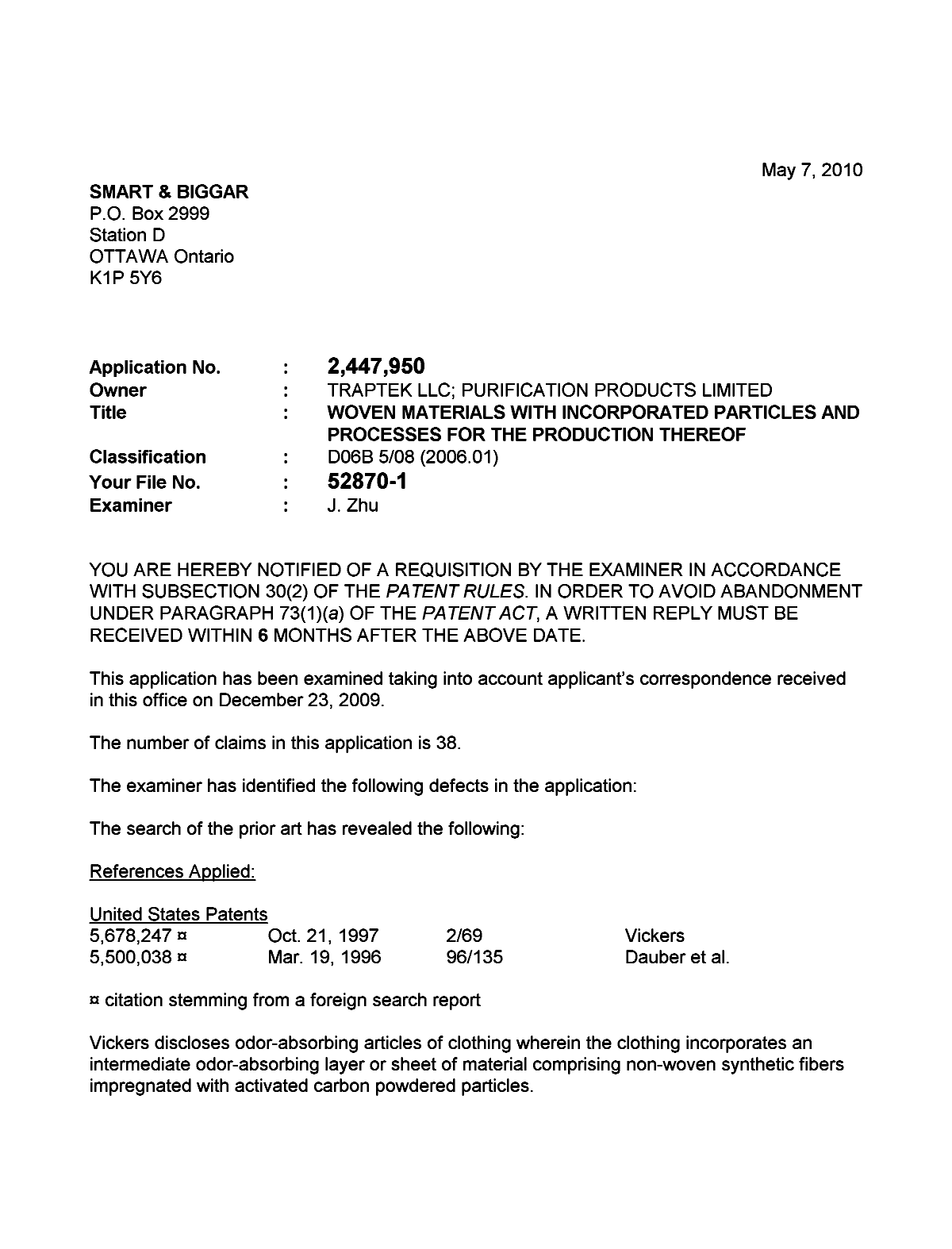 Document de brevet canadien 2447950. Poursuite-Amendment 20100507. Image 1 de 2