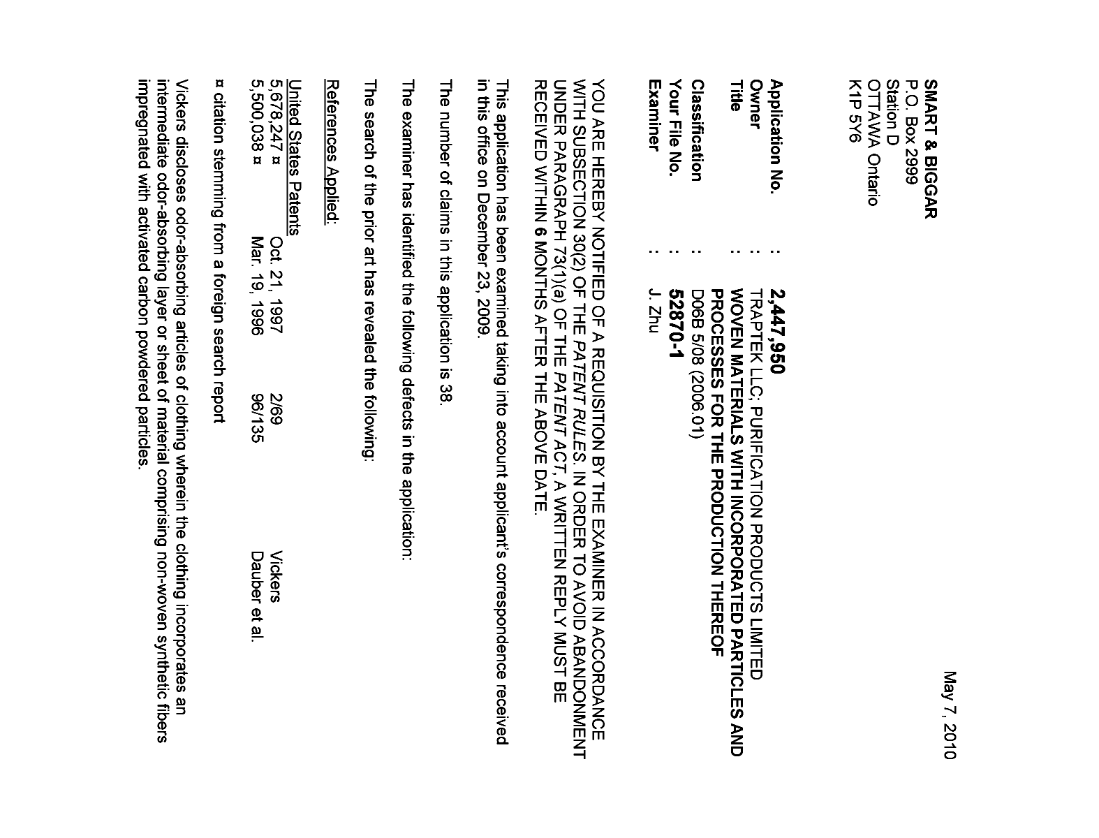 Canadian Patent Document 2447950. Prosecution-Amendment 20100507. Image 1 of 2