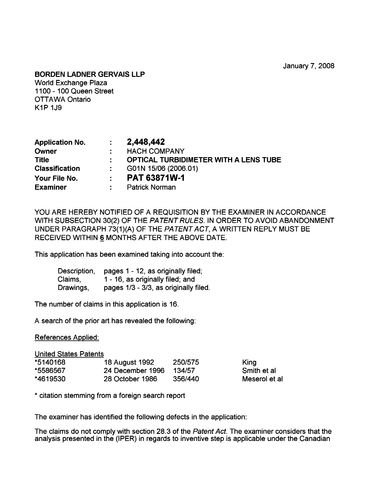 Document de brevet canadien 2448442. Poursuite-Amendment 20080107. Image 1 de 2