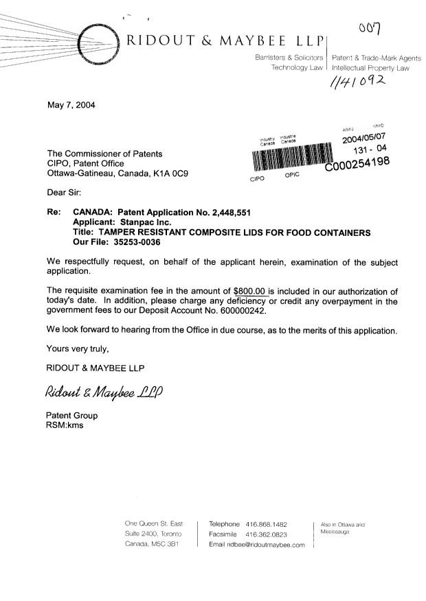 Document de brevet canadien 2448551. Poursuite-Amendment 20040507. Image 1 de 1