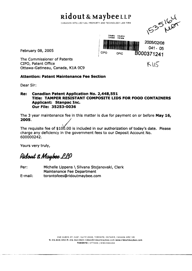 Canadian Patent Document 2448551. Fees 20050208. Image 1 of 1