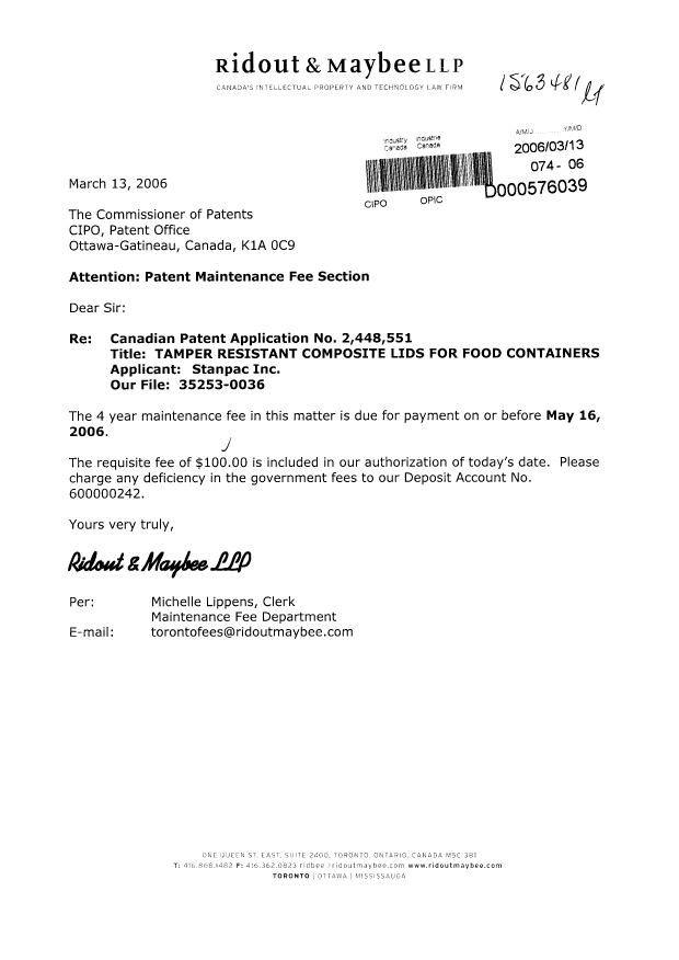 Canadian Patent Document 2448551. Fees 20060313. Image 1 of 1