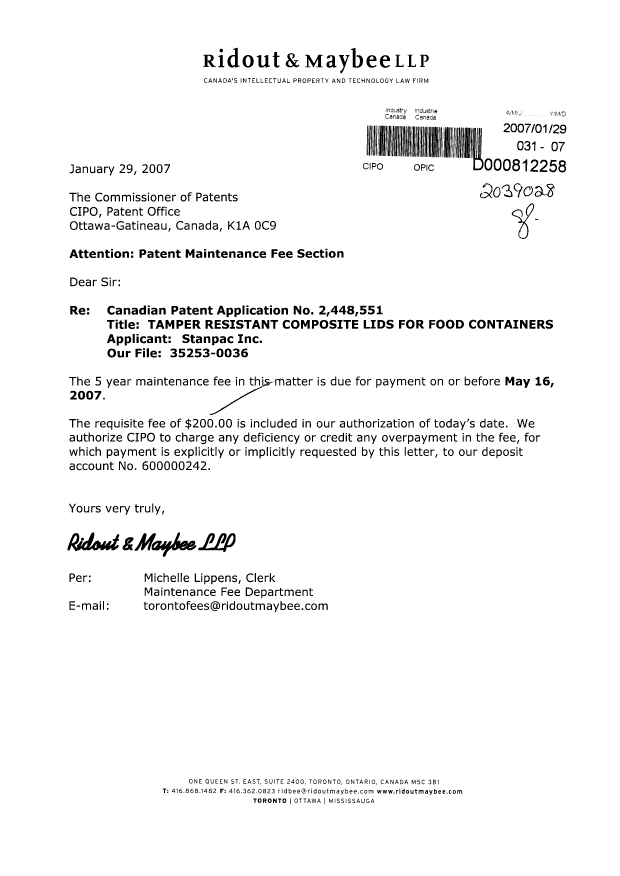 Document de brevet canadien 2448551. Taxes 20070129. Image 1 de 1