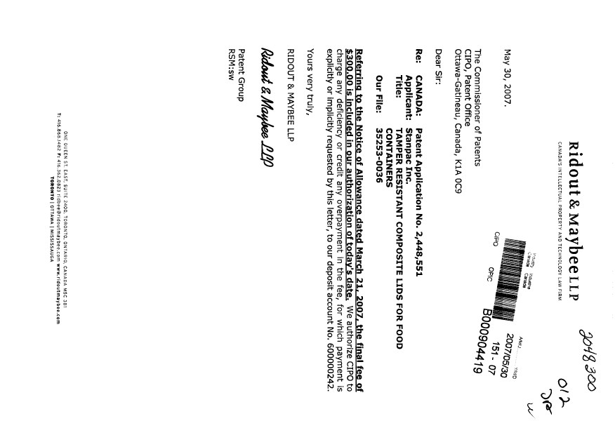 Canadian Patent Document 2448551. Correspondence 20070530. Image 1 of 1