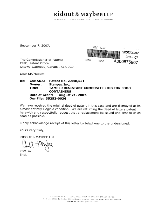 Document de brevet canadien 2448551. Correspondance 20070907. Image 1 de 2