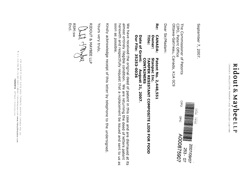 Canadian Patent Document 2448551. Correspondence 20070907. Image 1 of 2